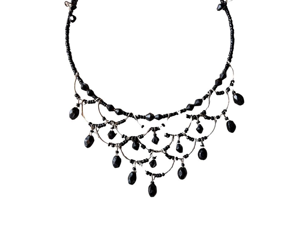 Vintage Black Beaded Choker Necklace Gothic Whimsigoth Y2K Statement Jewelry